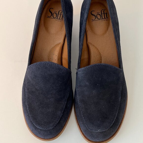 Sofft Napoli Navy Suede Leather Stacked Heels Slip on Loafers ~ Women's Size 8M - Picture 13 of 13